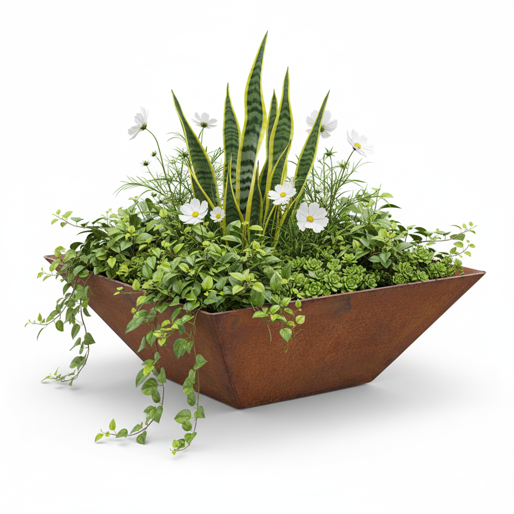 Wide Mouth Corten Steel Tapered Square Planter