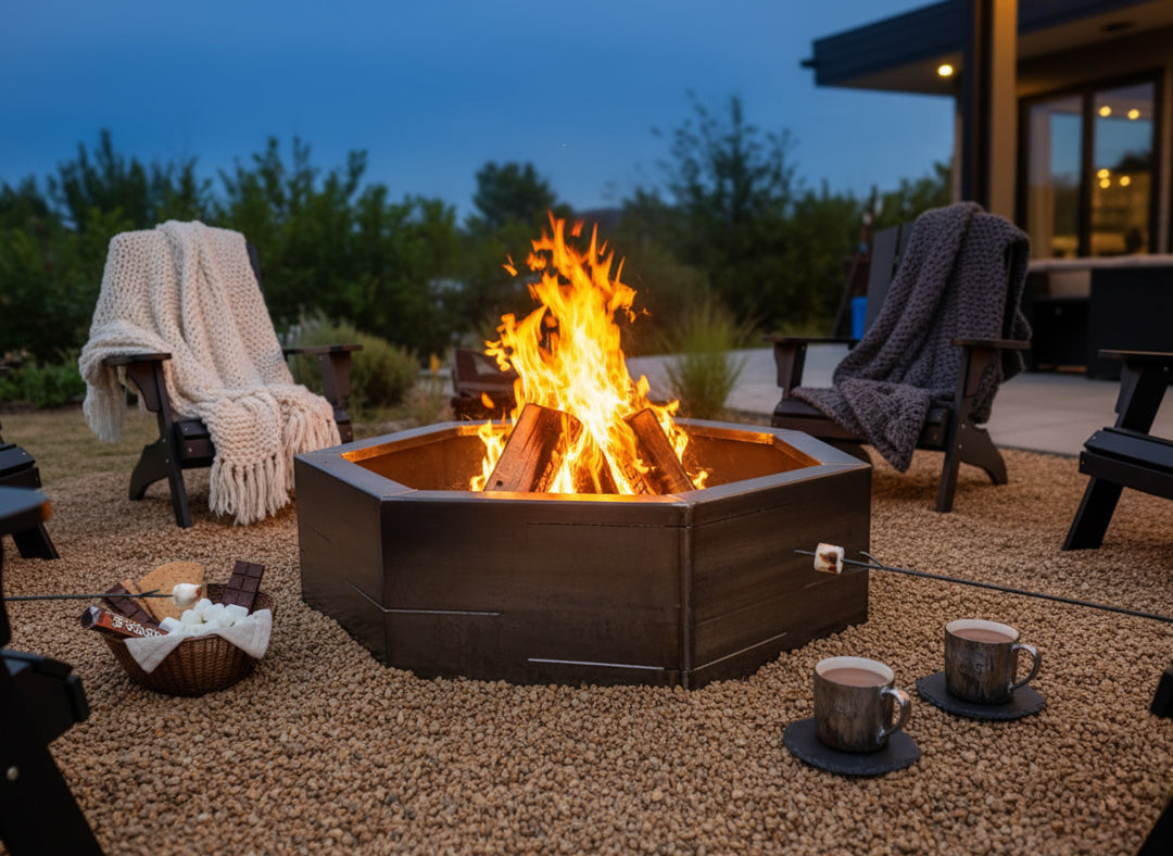 Corten steel octagon fire pit burning at dusk on a gravel patio